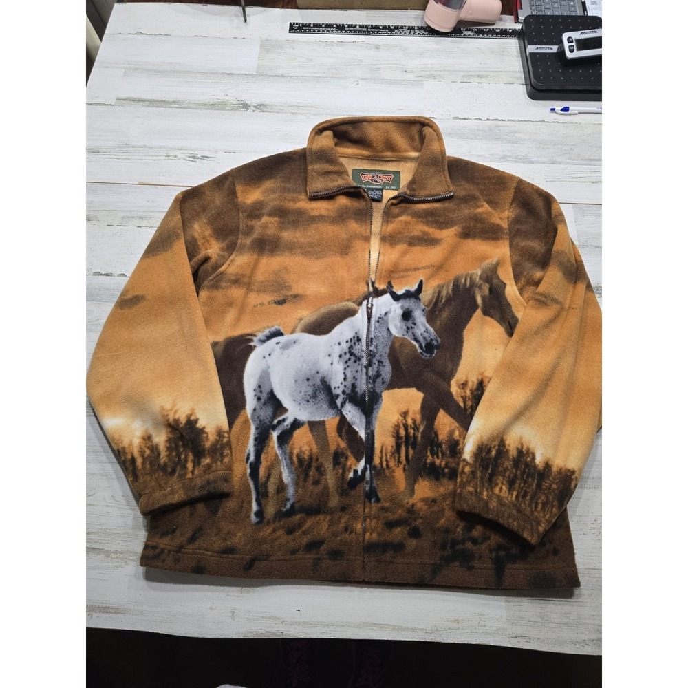 Trail Crest Mens Large Horse Fleece Jacket Full Zip Graphic‎ Print Brown Orange